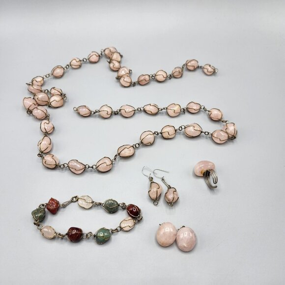 Caged Rose Quartz Necklace Wire Wrapped Polished Stones Bracelet Earrings Ring - Picture 1 of 11